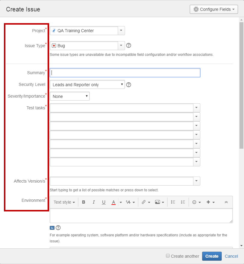 Поля при создании issue в Jira