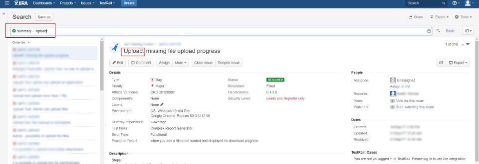 Оператор поиска Summary в Jira