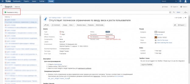 Снимок экрана при работе в Jira